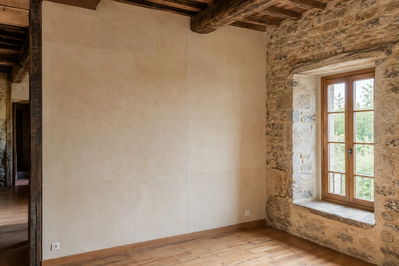 Panneau isolant en fibre de bois posé en isolation par l'intérieur sur un mur ancien en pierre, une solution perspirante adaptée au bâti béarnais à Pau